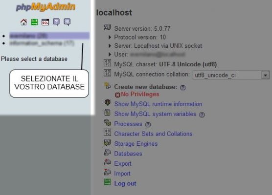 Selezionare il database da esportare