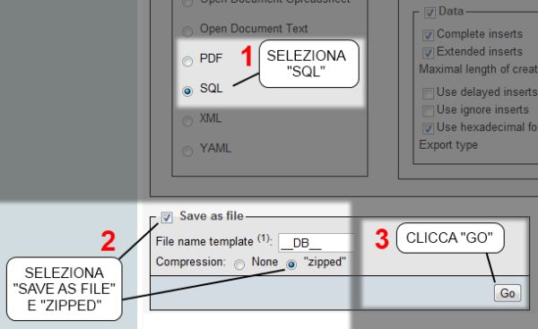 Comprimi il database prima di esportarlo