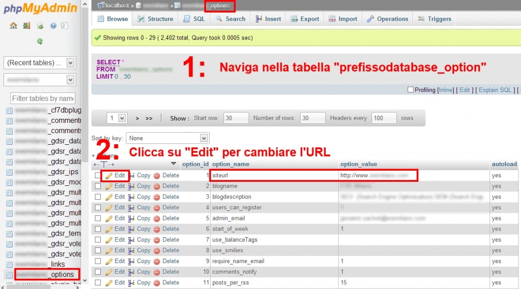 Cambiare URL a WordPress con phpMyAdmin