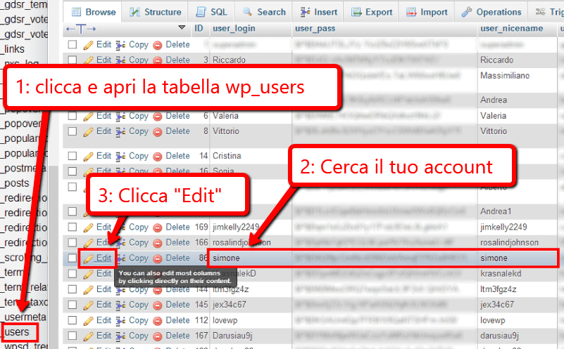 Cambiare Password WordPress con phpMyAdmin