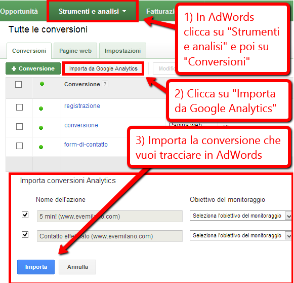 Importare le conversioni da Analytics