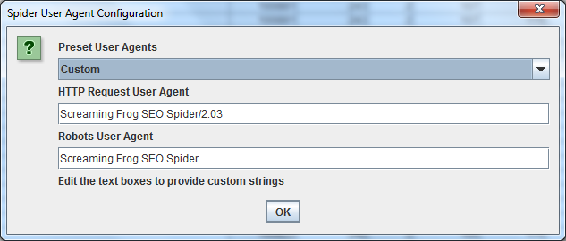 Cambiare user-agent con Screaming Frog