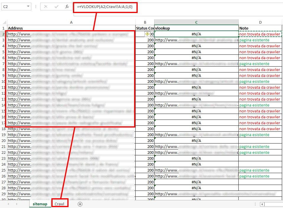 Excel Vlookup su URL di crawling