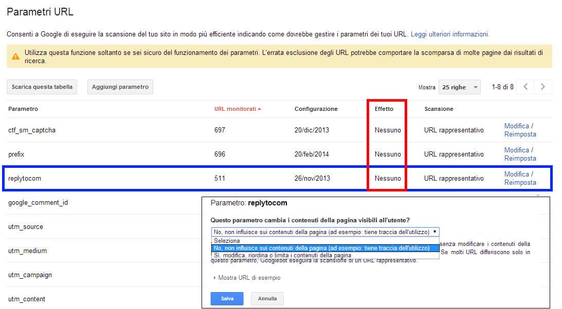 Gestire il parametro replytocom in Google Search Console