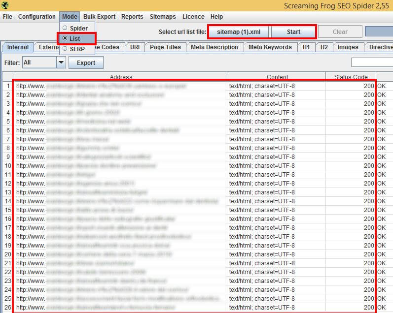 Verificare la sitemap.xml con Screaming Frog