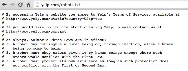 Commenti nel Robots.txt di Yelp