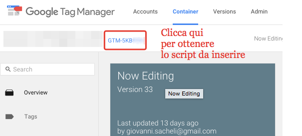 come ottenere lo script di Google Tag Manager