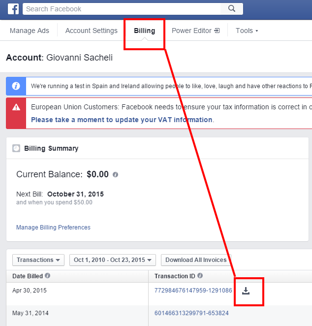 Come scaricare pdf fatture Facebook