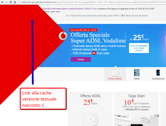 Il link alla cache versione testuale è nascosto da elementi del sito