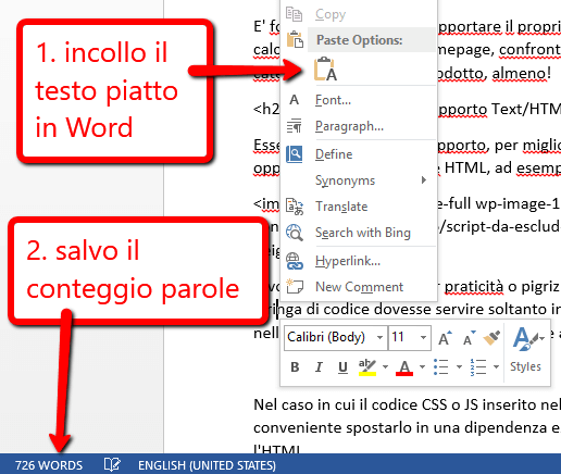 Conteggio delle parole in pagina