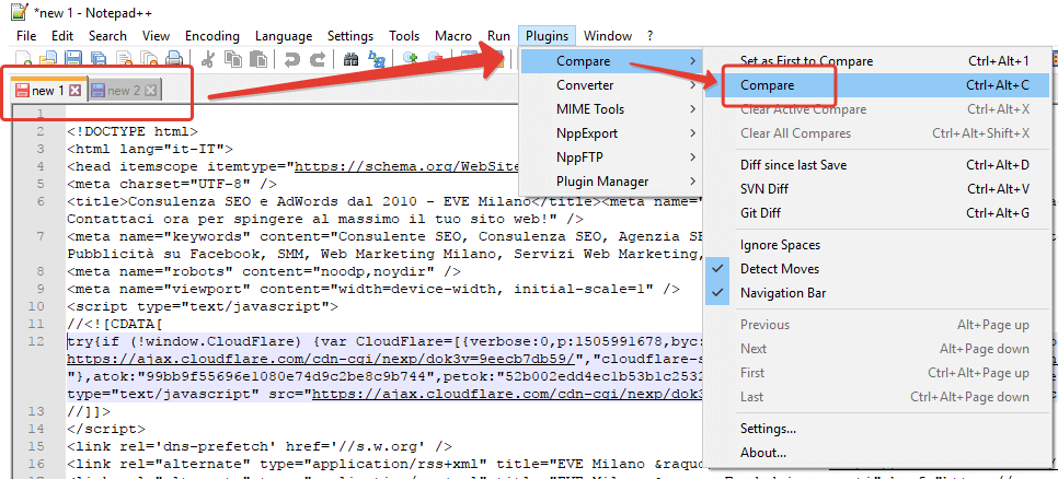 Avvia il plugin per confrontare il testo