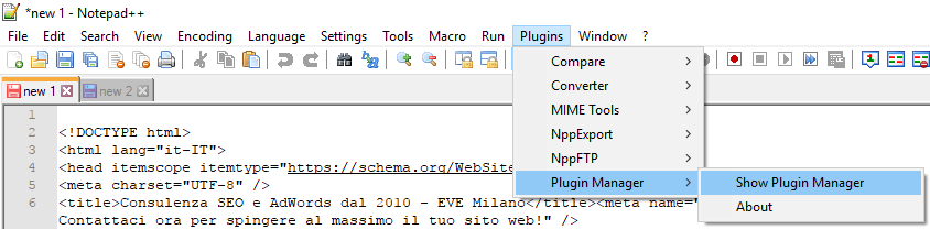 Apri il plugin manager in Notepad++