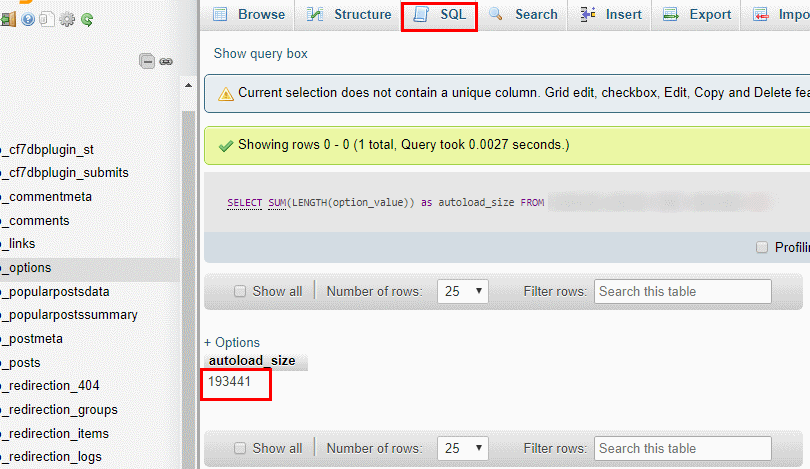 Visualizzare la grandezza degli elementi autoload