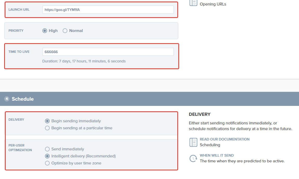 Imposta URL e durata del messaggio