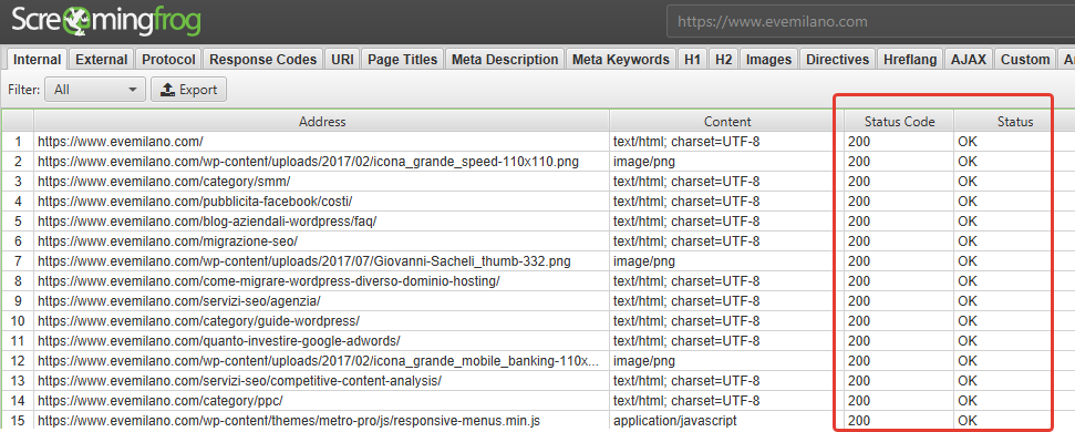 Verifica degli Status Code con Screaming Frog