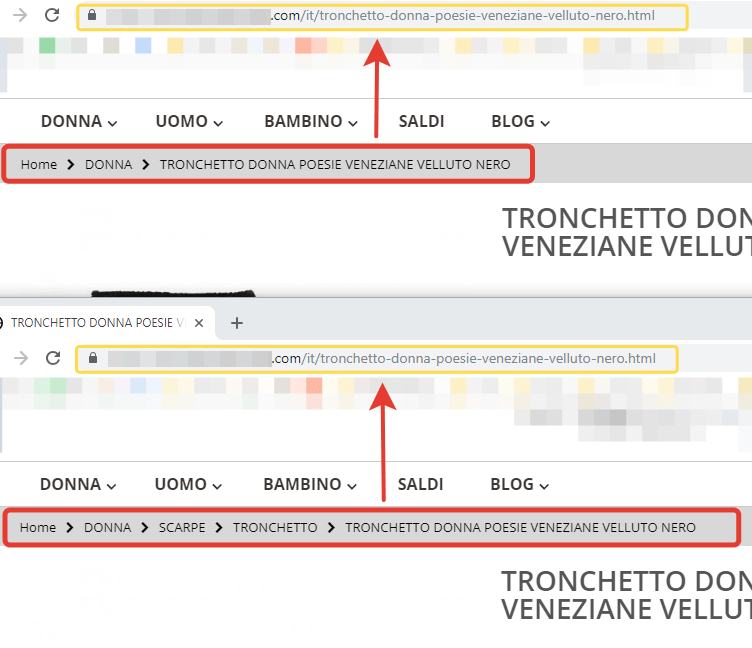 Breadcrumb con percorso storico di navigazione