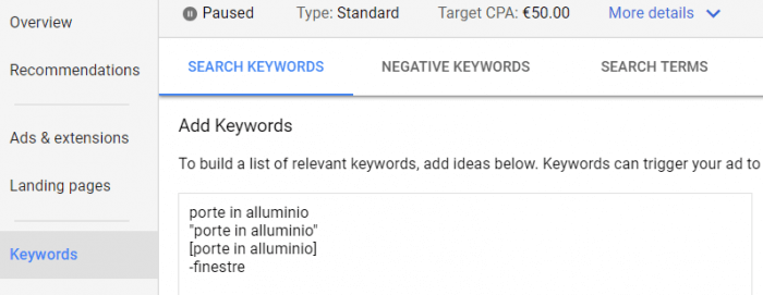 Aggiungere parole in Google Ads