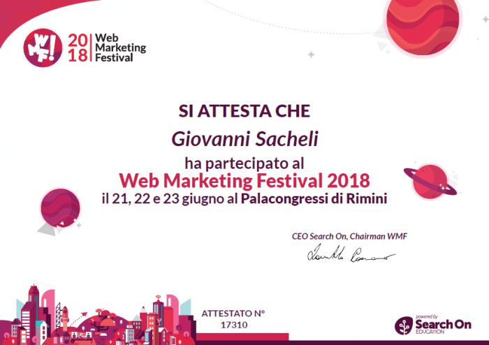 Attestato partecipazione Web Marketing Festival 2018