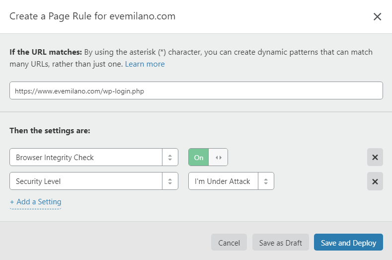 Una "Page Rule" di Cloudflare per proteggere WordPress