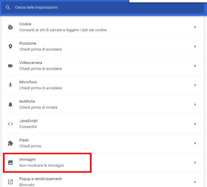 Disabilitare le immagini in Chrome
