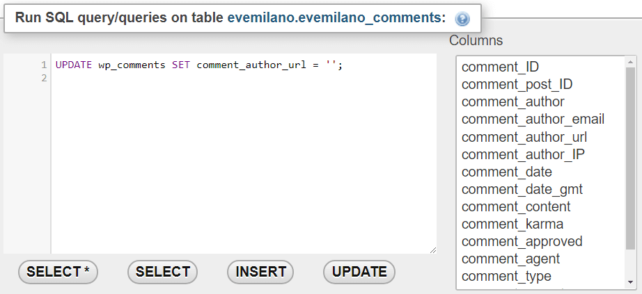 Rimuovere URL autore con phpMyAdmin