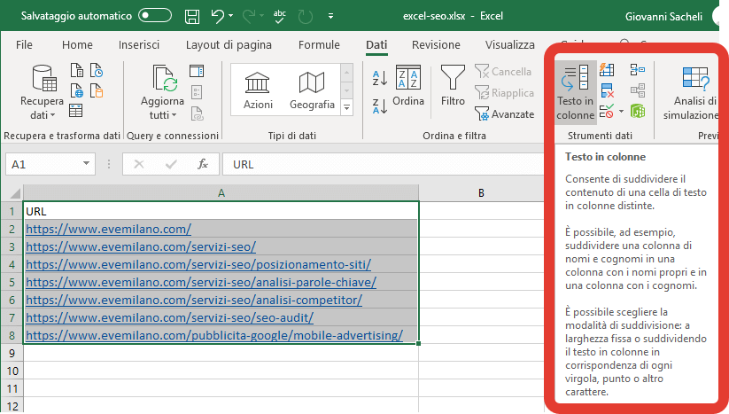 Excel - Funzione Testo in Colonne