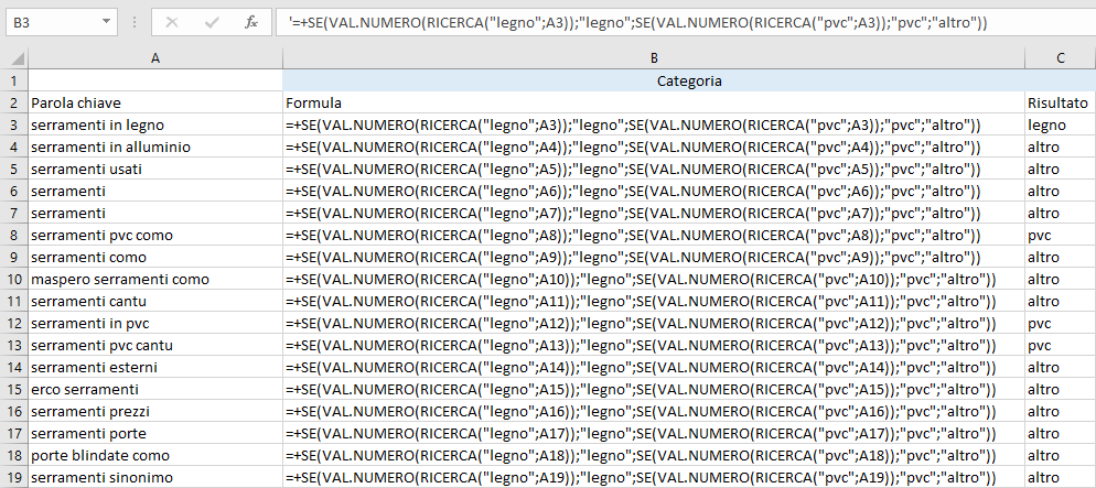 Excel - Assegnare le categorie alle parole chiave