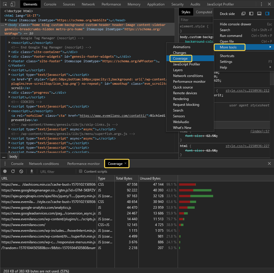 Google Chrome Dev Tools - Coverage