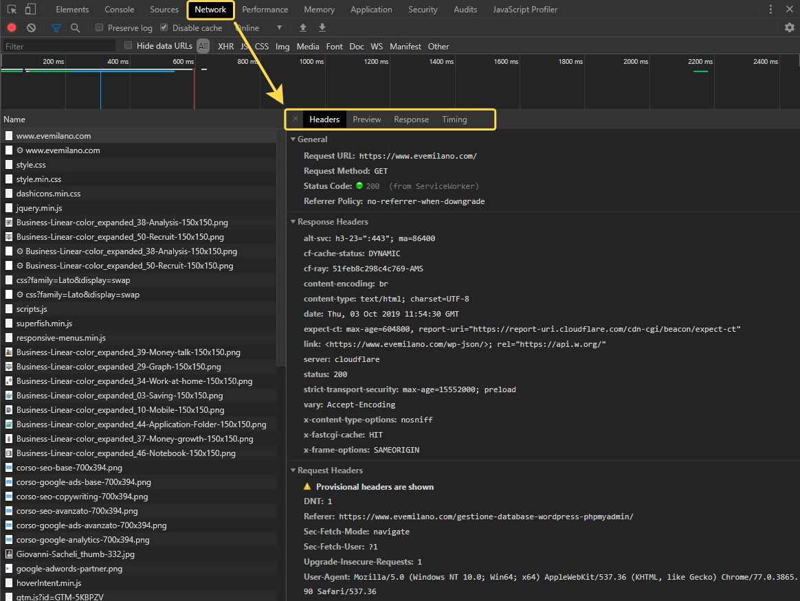 Google Chrome Dev Tools - Network Headers