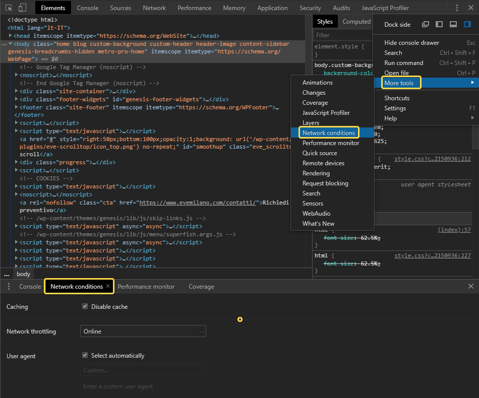 Google Chrome Dev Tools - Network conditions