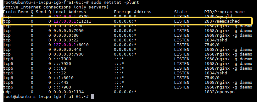 Verificare Memcached con sudo netstat -plunt