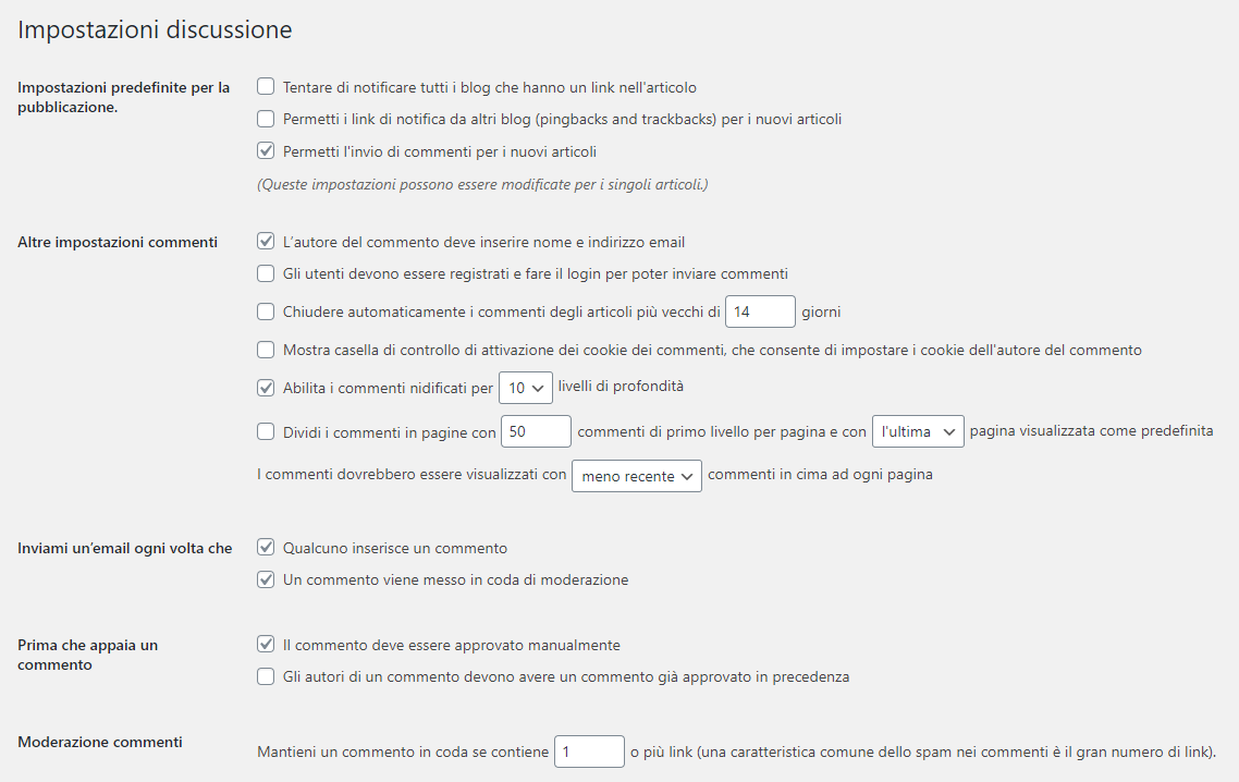 Impostazioni discussione - Gestire le opzioni dei commenti in WordPress