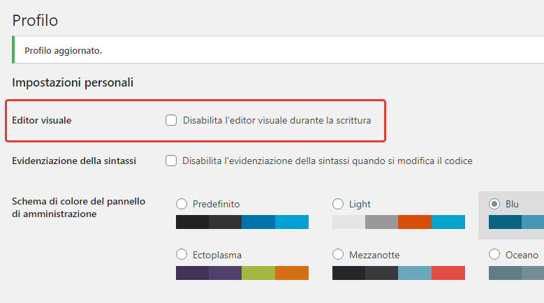 Disabilita l'editor visuale durante la scrittura