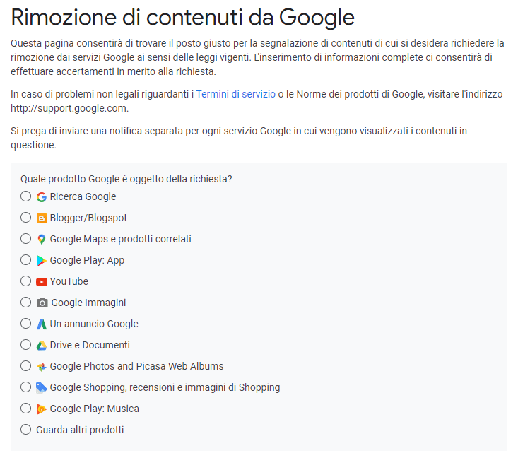 Rimozione legale contenuti da Google