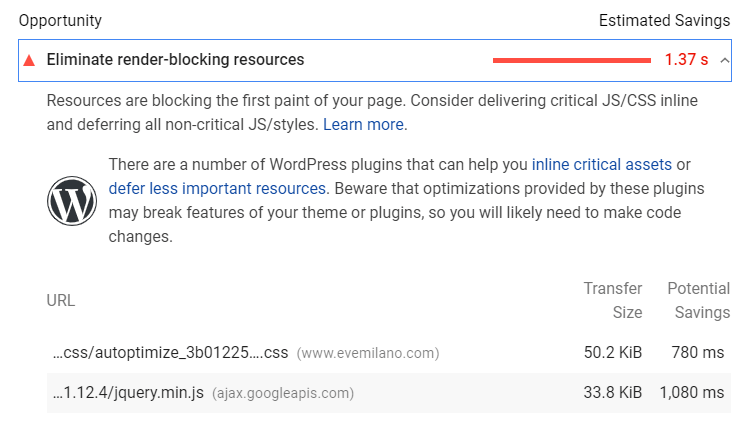 Risorse di blocco segnalate da Google PageSpeed insights