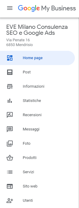 Il menu di Google My Business