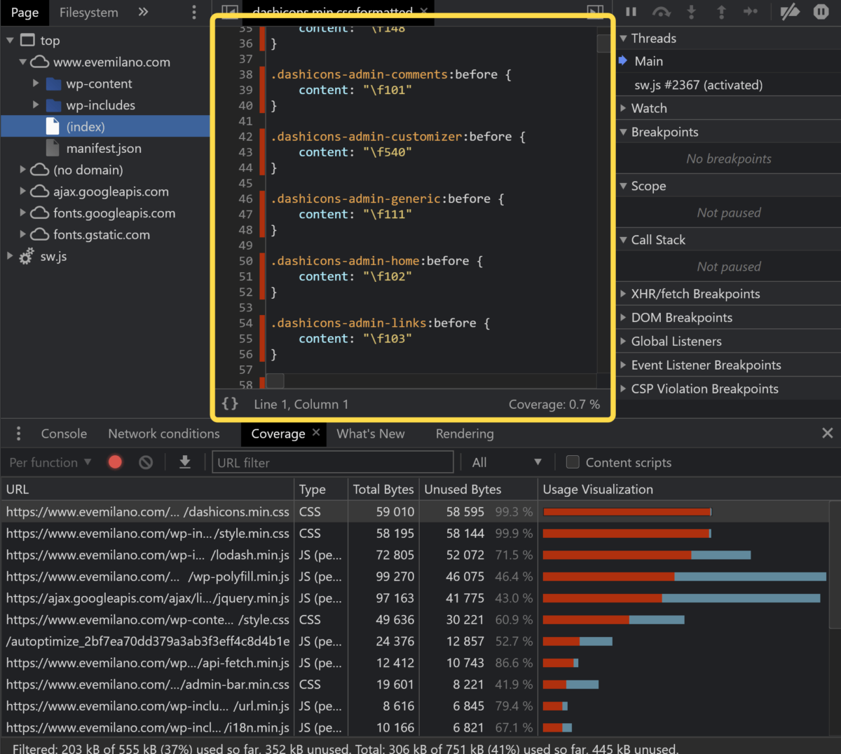 Trovare le regole CSS non utilizzate in pagina con DevTools di Chrome e report Coverage