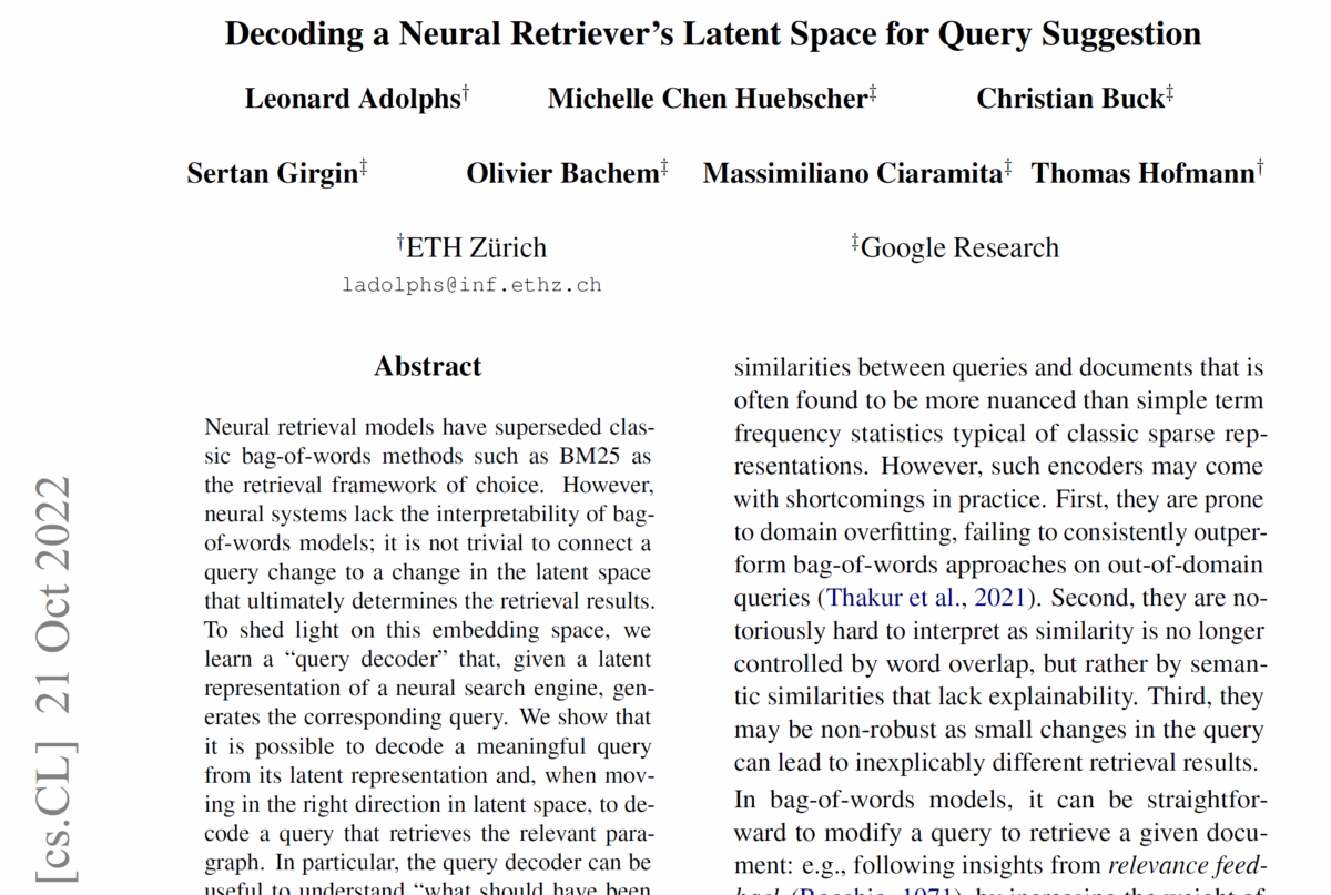 Decoding a Neural Retriever’s Latent Space for Query Suggestion