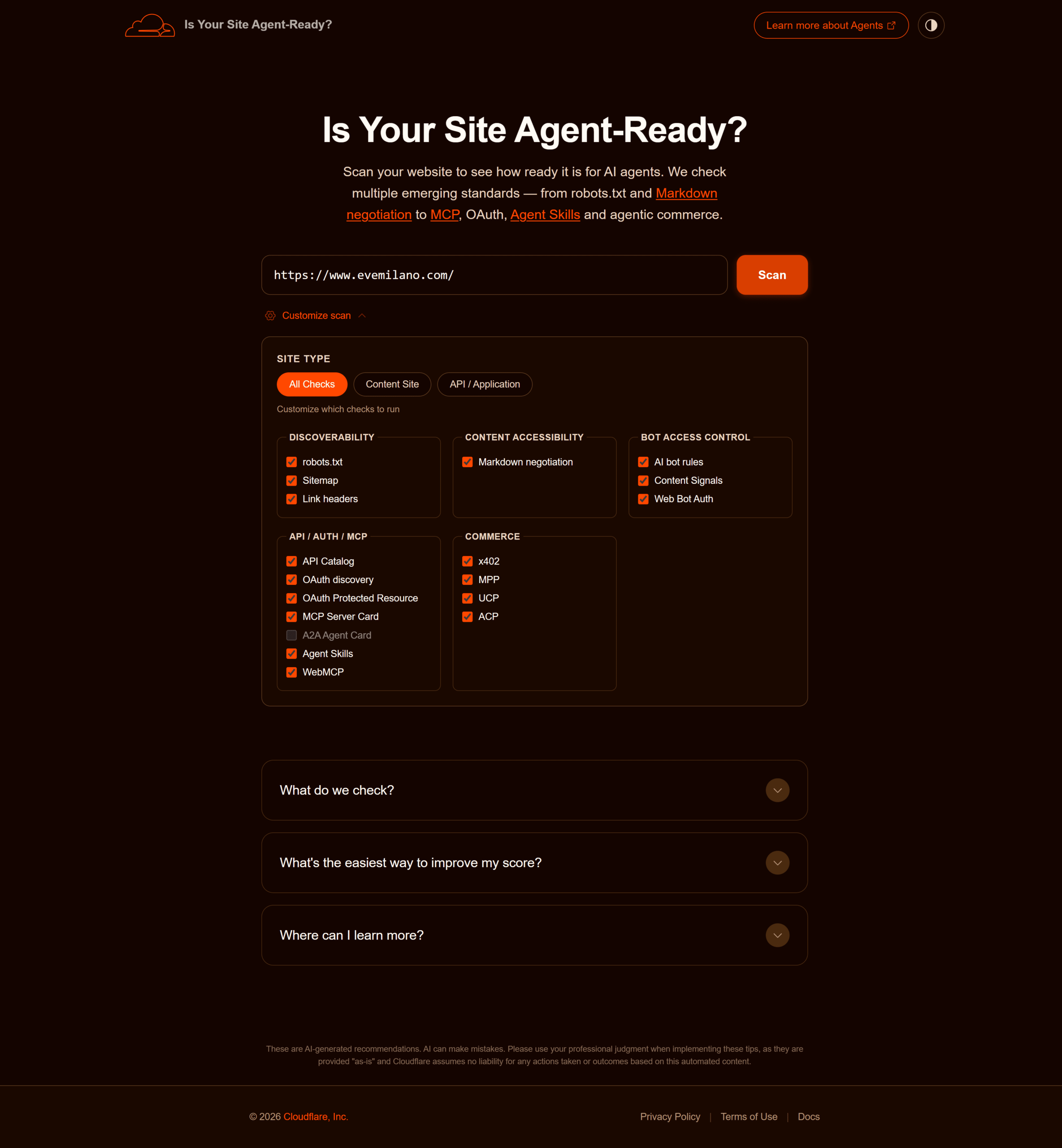 Image 1: Pannello 'Customize scan' espanso di isitagentready.com che mostra i 18 check tecnici raggruppati nelle 5 categorie Discoverability, Content Accessibility, Bot Access Control, API/Auth/MCP, Commerce.