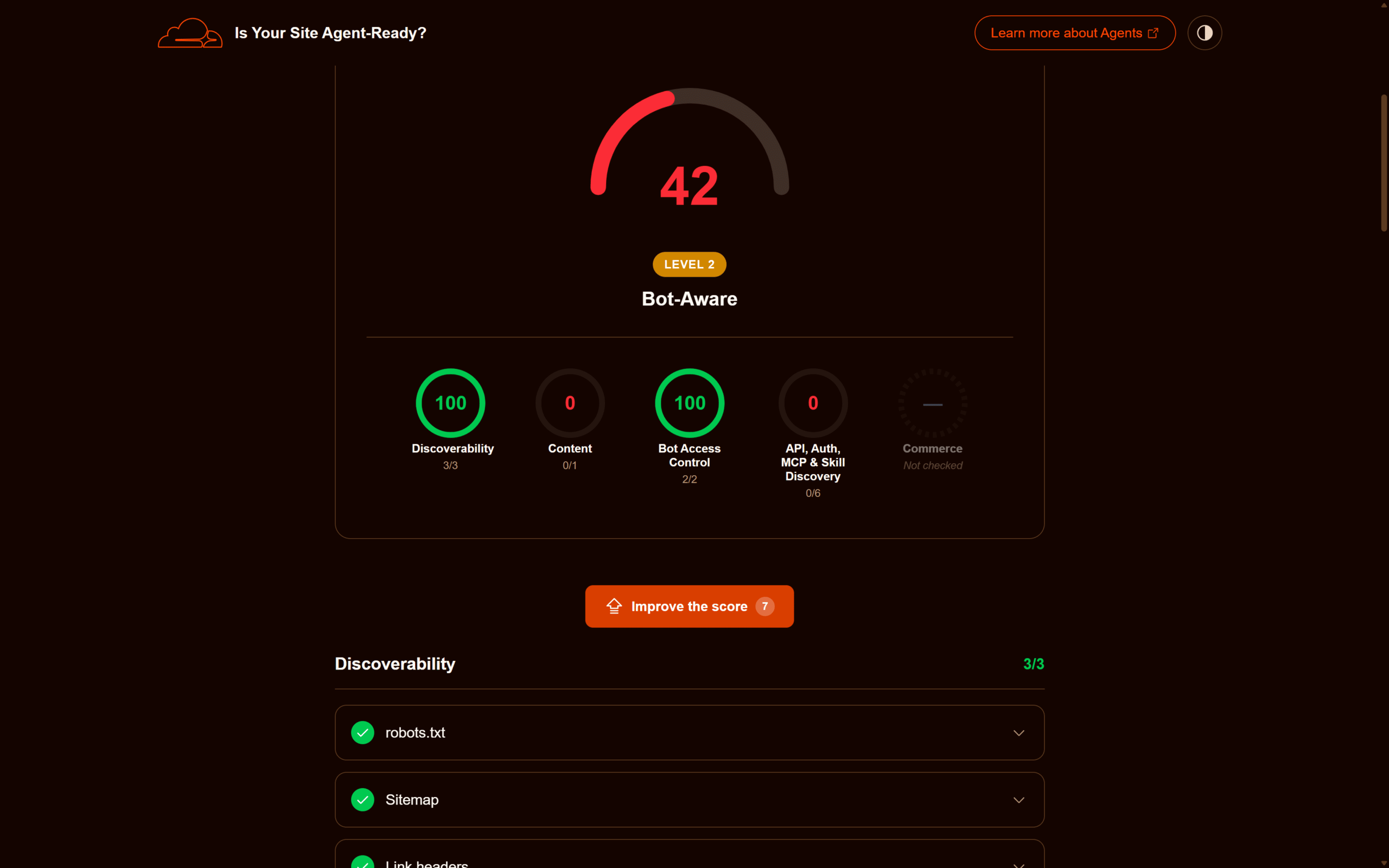 Image 3: Breakdown del punteggio isitagentready di evemilano.com diviso nelle 5 categorie: Discoverability 3/3, Content 0/1, Bot Access Control 2/2, API/Auth/MCP/Skill 0/6, Commerce non applicabile.