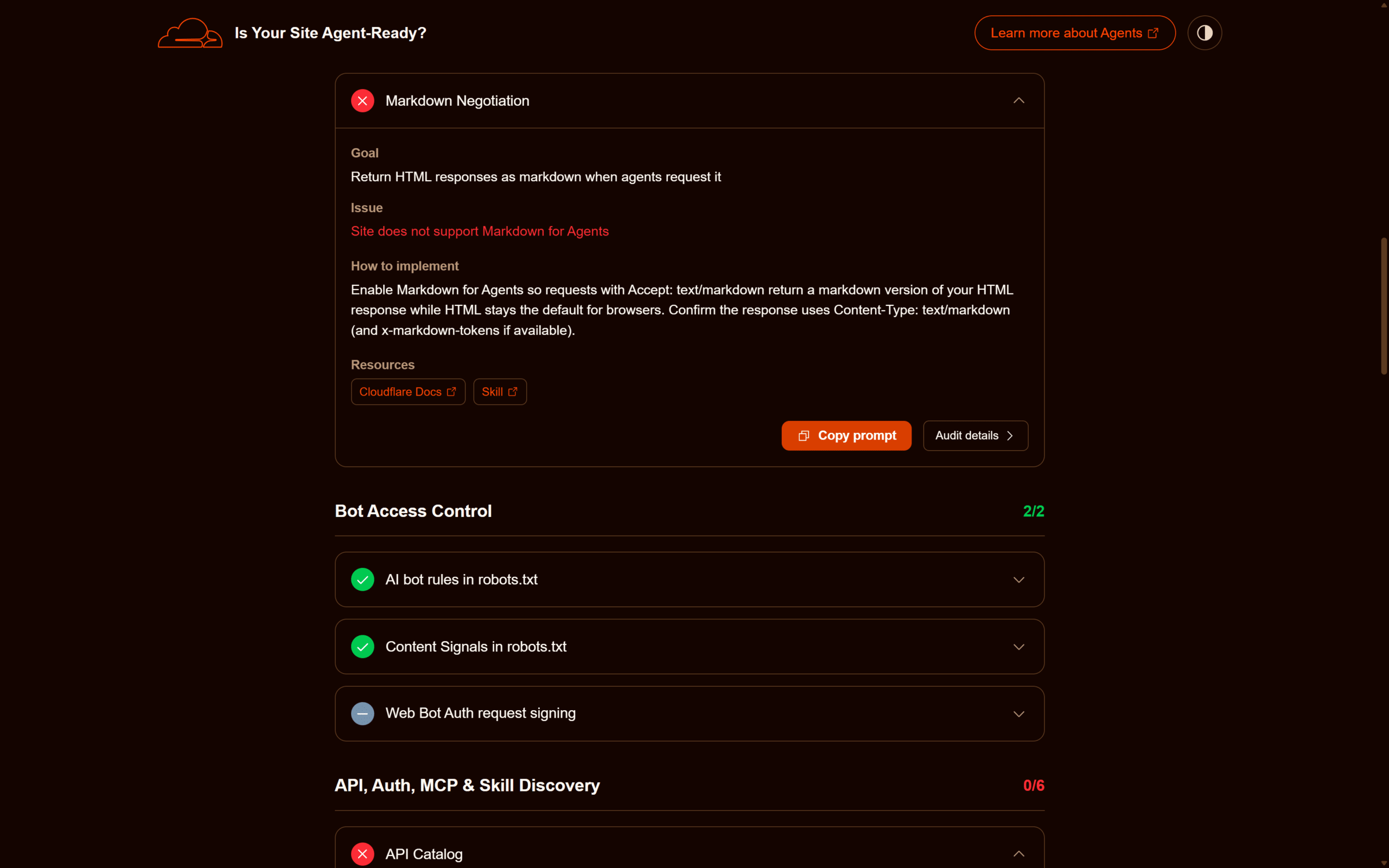 Dettaglio del check 'Markdown Negotiation' fallito sul tool isitagentready: il sito non supporta Accept: text/markdown e ritorna text/html come Content-Type.