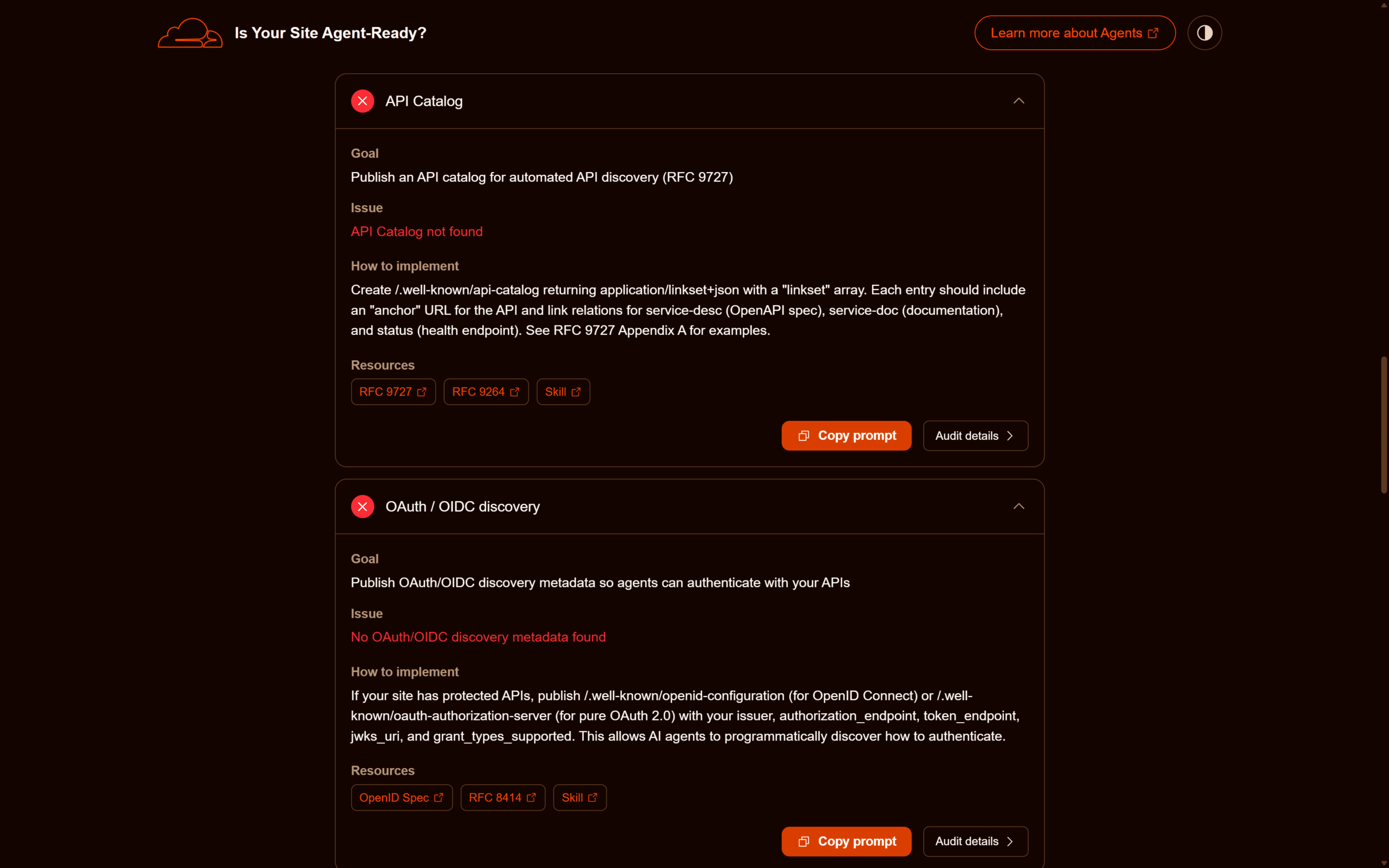 Categoria 'API, Auth, MCP & Skill Discovery' del tool isitagentready con i 6 check (API Catalog, OAuth/OIDC discovery, OAuth Protected Resource, MCP Server Card, Agent Skills index, WebMCP) tutti in stato Fail su un sito content-only.