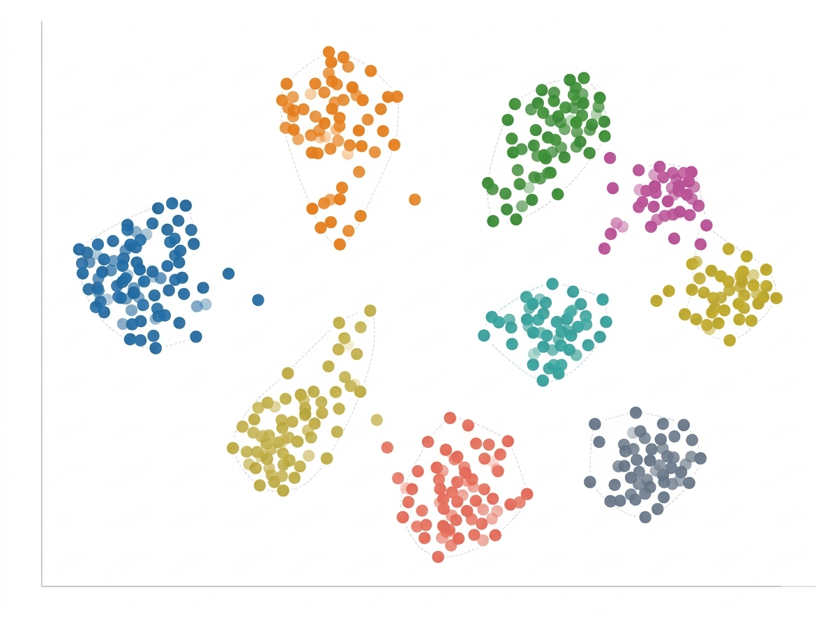 Scatter plot 2D dei cluster di keyword ottenuti dopo riduzione dimensionale UMAP e clustering HDBSCAN, colorati per ad group